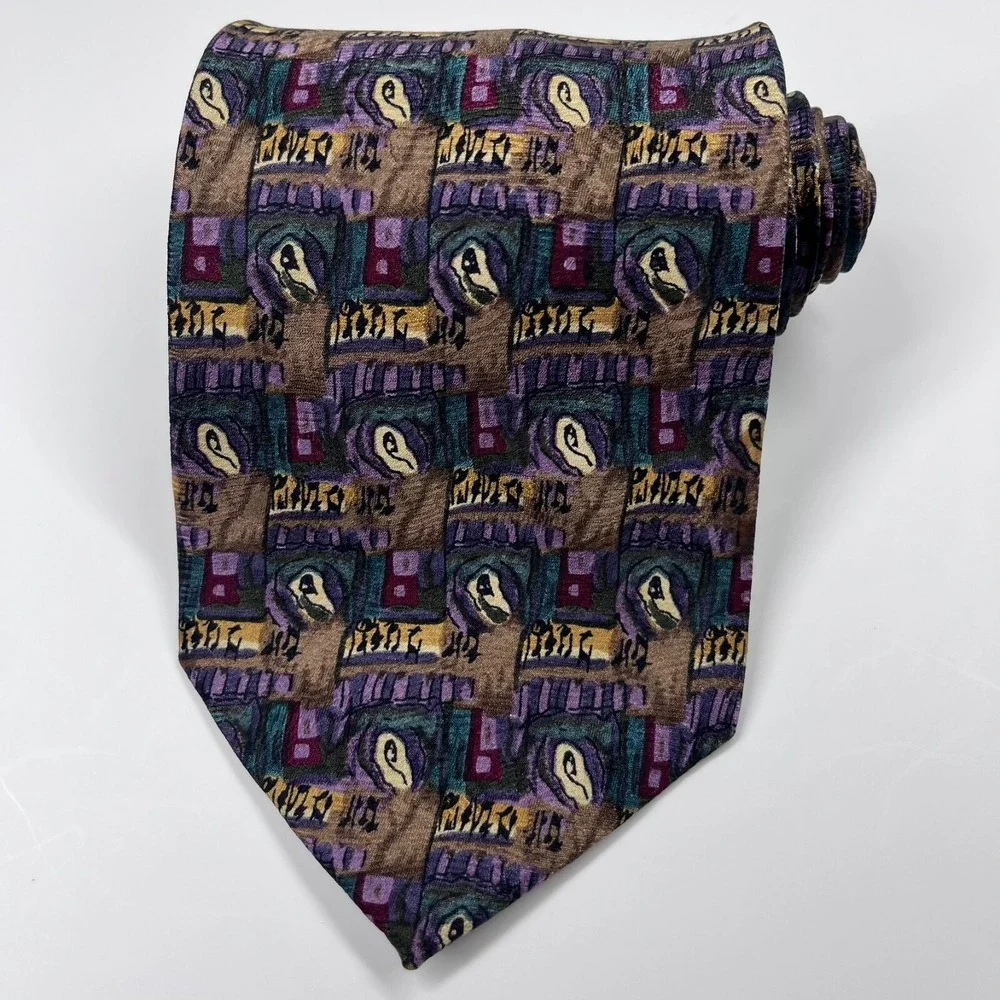 J. Garcia Tennis Shoe Escape Silk Men's Necktie Abstract Brown Purple‎ Green